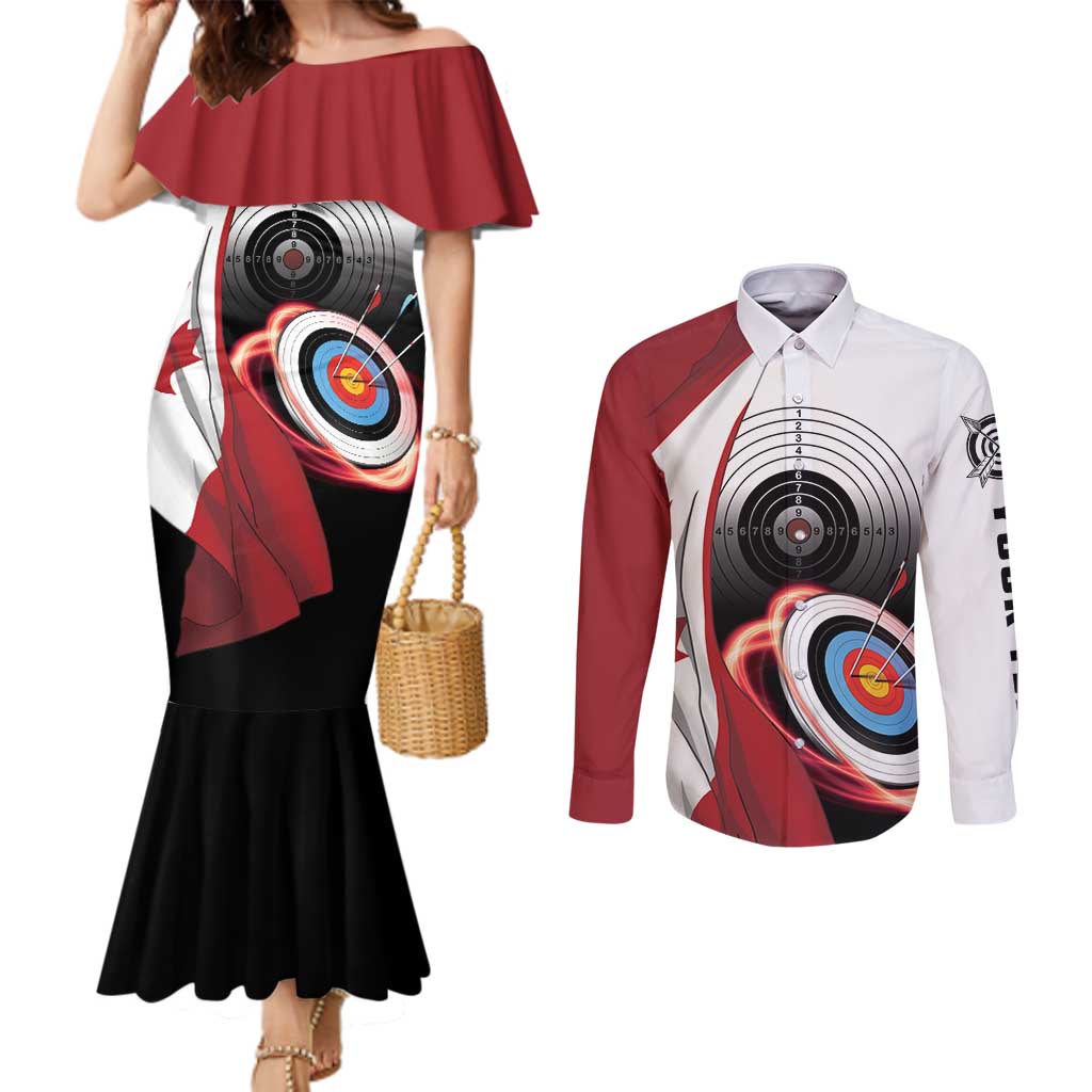 Personalized Canadian Flag Couples Matching Mermaid Dress and Long Sleeve Button Shirt Canada Archery Target - Maple Leaf