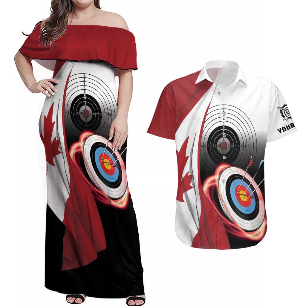 Personalized Canadian Flag Couples Matching Off Shoulder Maxi Dress and Hawaiian Shirt Canada Archery Target - Maple Leaf