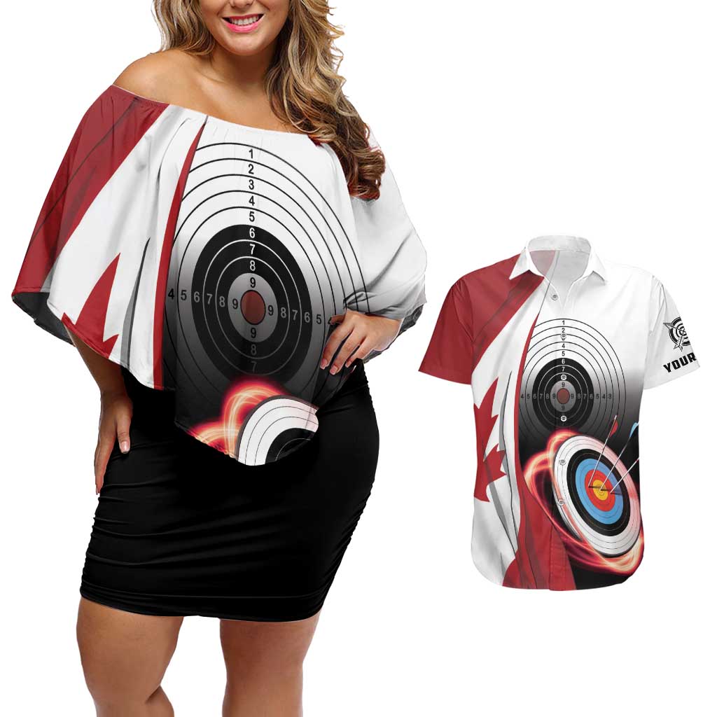 Personalized Canadian Flag Couples Matching Off Shoulder Short Dress and Hawaiian Shirt Canada Archery Target - Maple Leaf