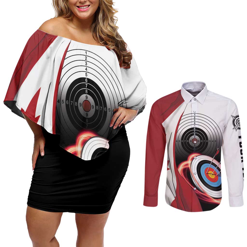 Personalized Canadian Flag Couples Matching Off Shoulder Short Dress and Long Sleeve Button Shirt Canada Archery Target - Maple Leaf