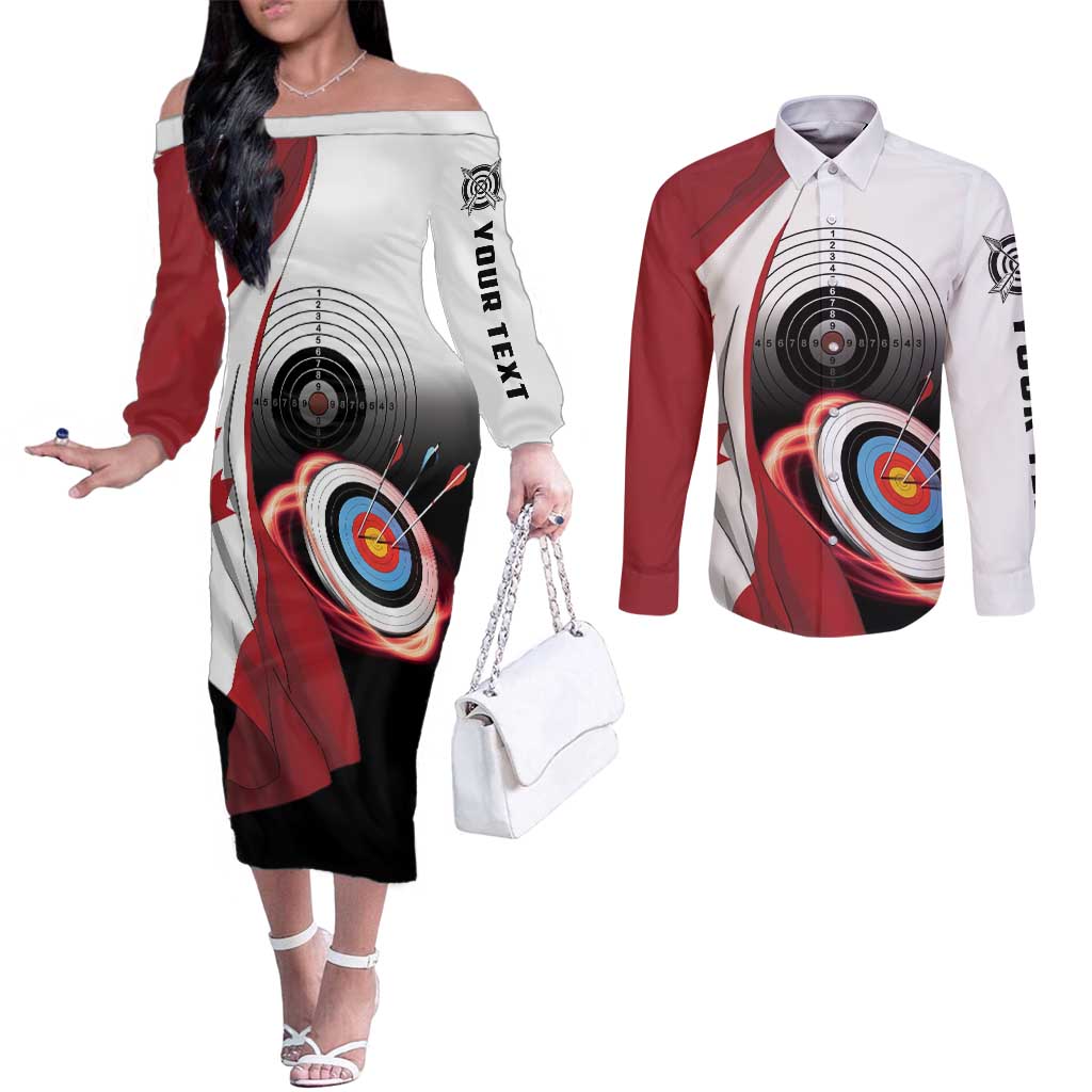 Personalized Canadian Flag Couples Matching Off The Shoulder Long Sleeve Dress and Long Sleeve Button Shirt Canada Archery Target - Maple Leaf