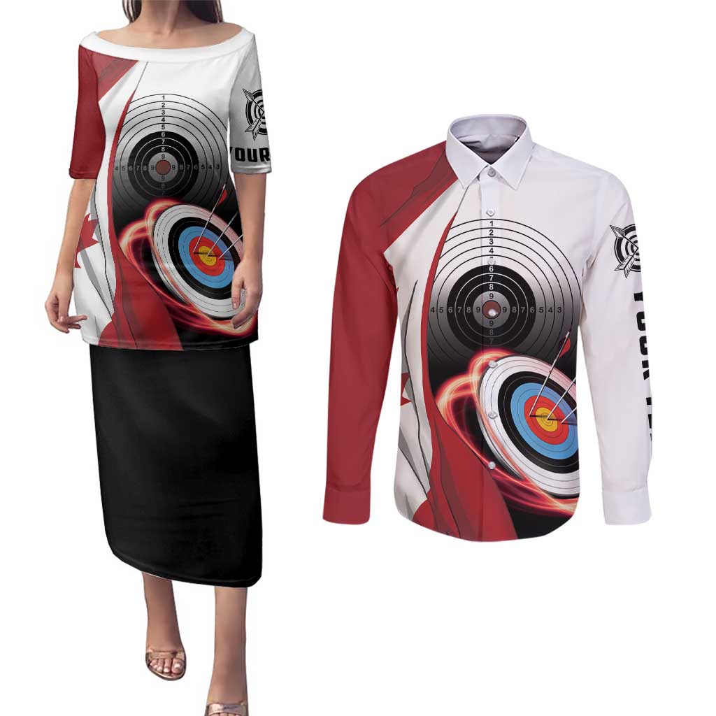 Personalized Canadian Flag Couples Matching Puletasi and Long Sleeve Button Shirt Canada Archery Target - Maple Leaf