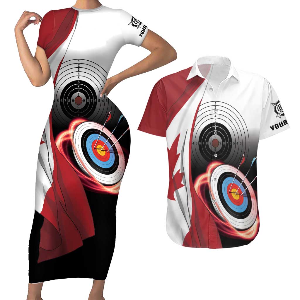 Personalized Canadian Flag Couples Matching Short Sleeve Bodycon Dress and Hawaiian Shirt Canada Archery Target - Maple Leaf