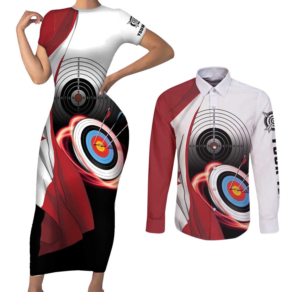 Personalized Canadian Flag Couples Matching Short Sleeve Bodycon Dress and Long Sleeve Button Shirt Canada Archery Target - Maple Leaf