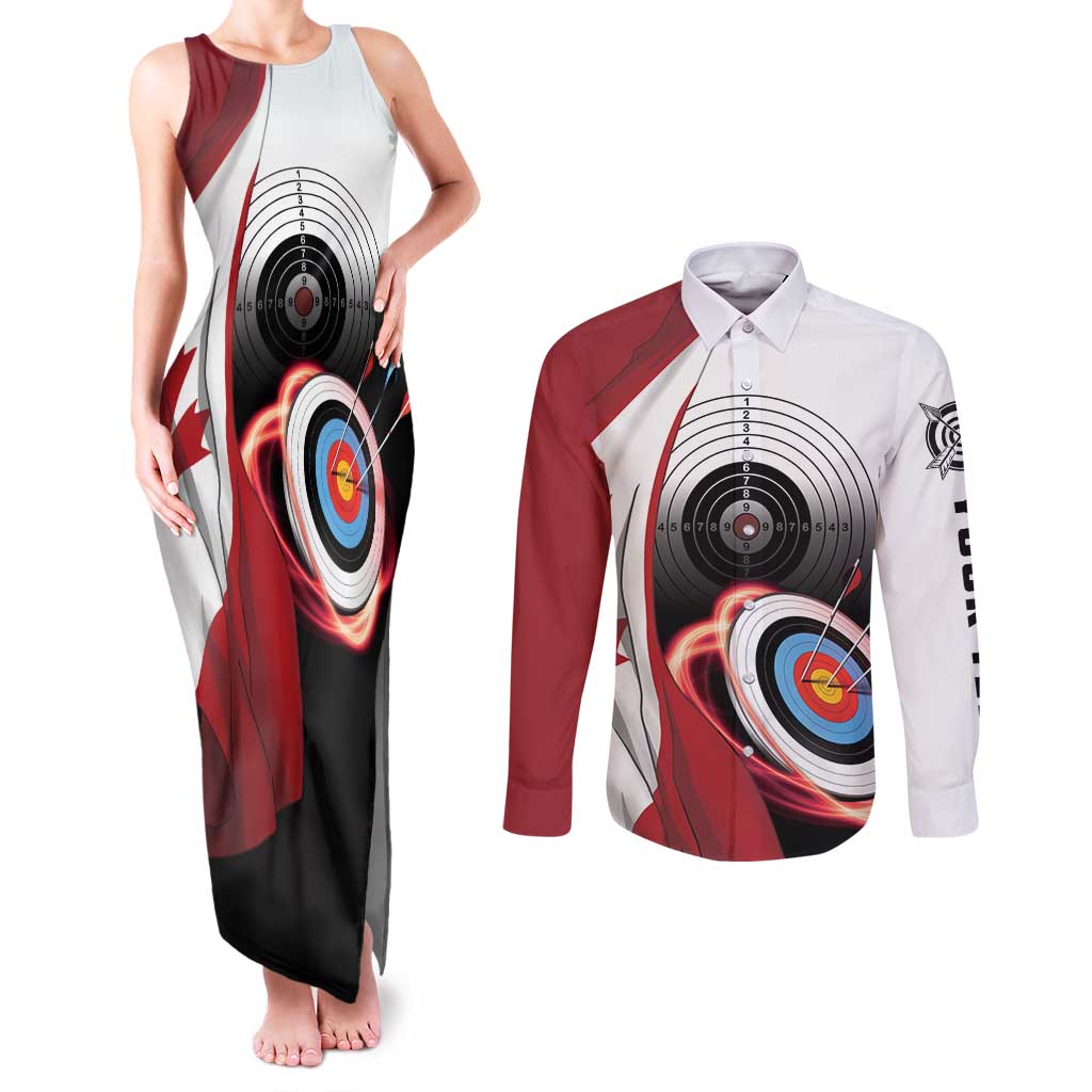 Personalized Canadian Flag Couples Matching Tank Maxi Dress and Long Sleeve Button Shirt Canada Archery Target - Maple Leaf