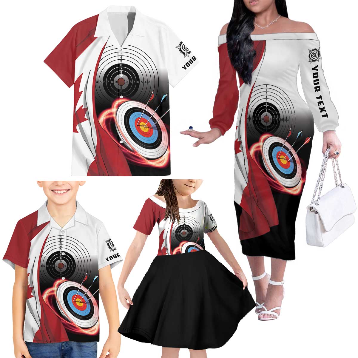 Personalized Canadian Flag Family Matching Off The Shoulder Long Sleeve Dress and Hawaiian Shirt Canada Archery Target - Maple Leaf