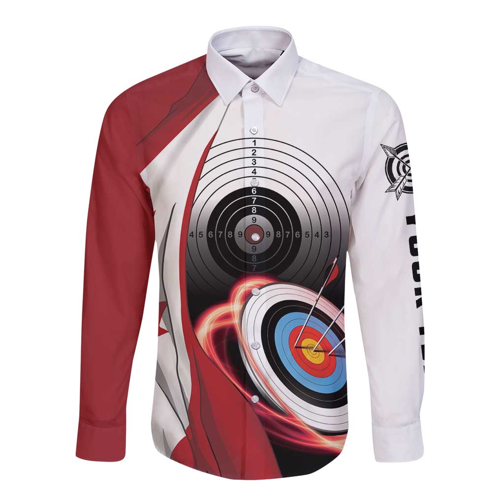 Personalized Canadian Flag Long Sleeve Button Shirt Canada Archery Target - Maple Leaf