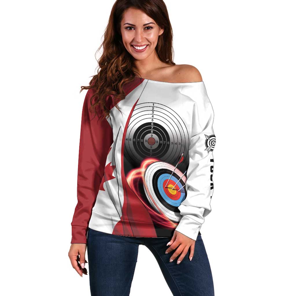 Personalized Canadian Flag Off Shoulder Sweater Canada Archery Target - Maple Leaf