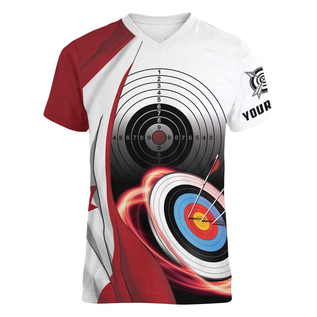 Personalized Canadian Flag Women V-Neck T-Shirt Canada Archery Target - Maple Leaf