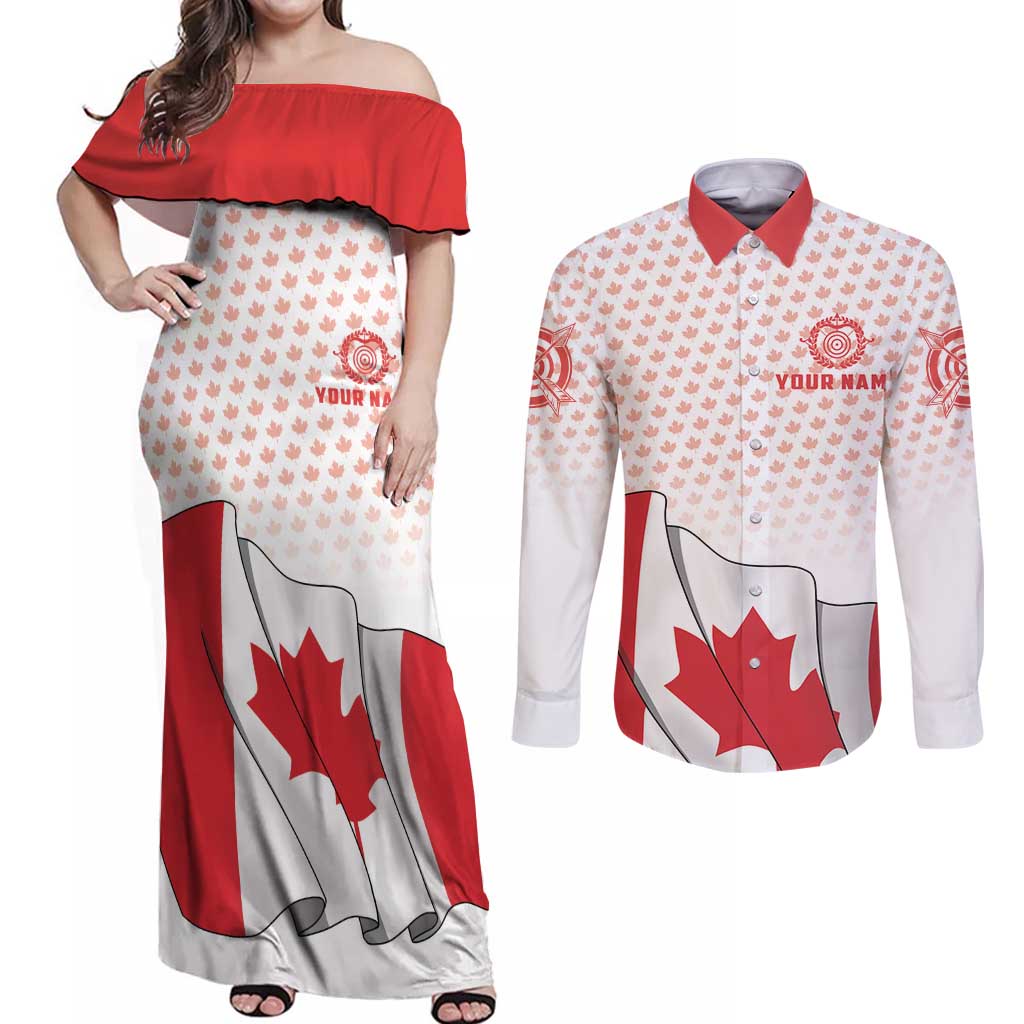 Personalized Canada Archery Couples Matching Off Shoulder Maxi Dress and Long Sleeve Button Shirt Maple Leaf Canadian Flag