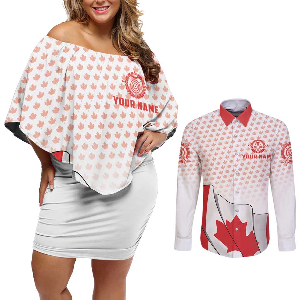 Personalized Canada Archery Couples Matching Off Shoulder Short Dress and Long Sleeve Button Shirt Maple Leaf Canadian Flag