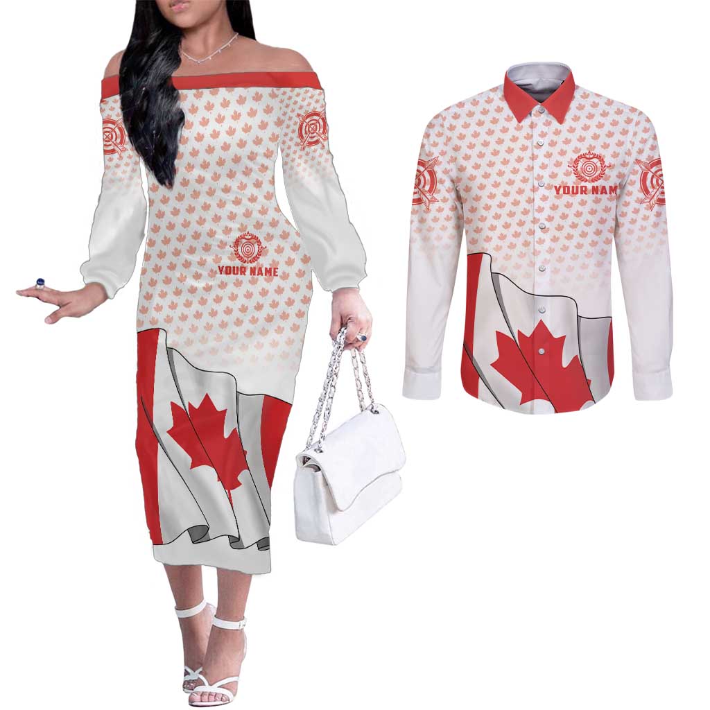 Personalized Canada Archery Couples Matching Off The Shoulder Long Sleeve Dress and Long Sleeve Button Shirt Maple Leaf Canadian Flag