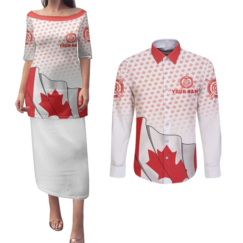 Personalized Canada Archery Couples Matching Puletasi and Long Sleeve Button Shirt Maple Leaf Canadian Flag