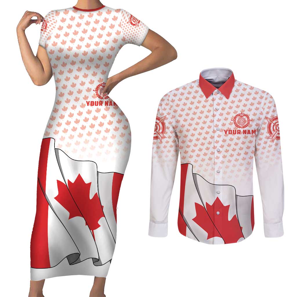 Personalized Canada Archery Couples Matching Short Sleeve Bodycon Dress and Long Sleeve Button Shirt Maple Leaf Canadian Flag