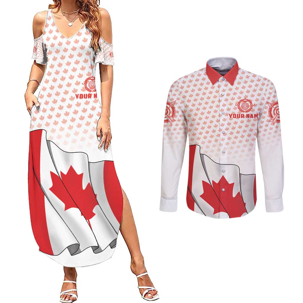 Personalized Canada Archery Couples Matching Summer Maxi Dress and Long Sleeve Button Shirt Maple Leaf Canadian Flag