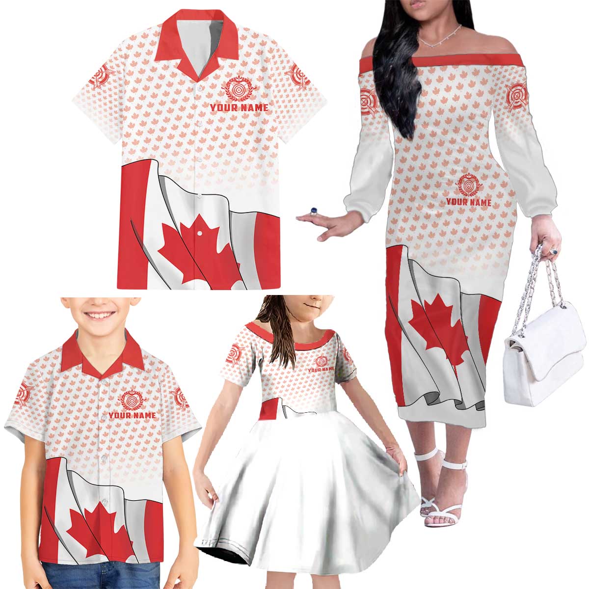 Personalized Canada Archery Family Matching Off The Shoulder Long Sleeve Dress and Hawaiian Shirt Maple Leaf Canadian Flag