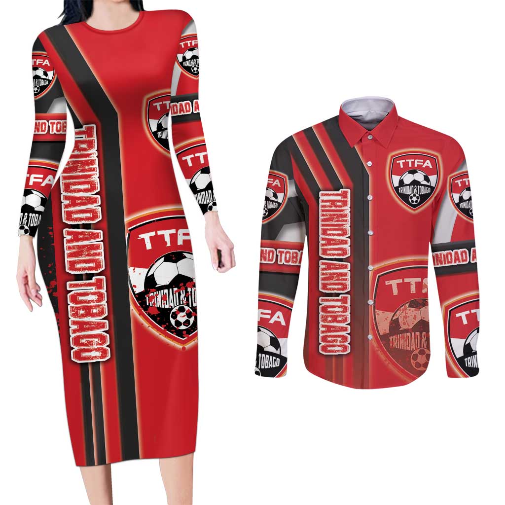 Trinidad and Tobago Football Couples Matching Long Sleeve Bodycon Dress and Long Sleeve Button Shirt Soca Warriors Soccer - Road To Champion