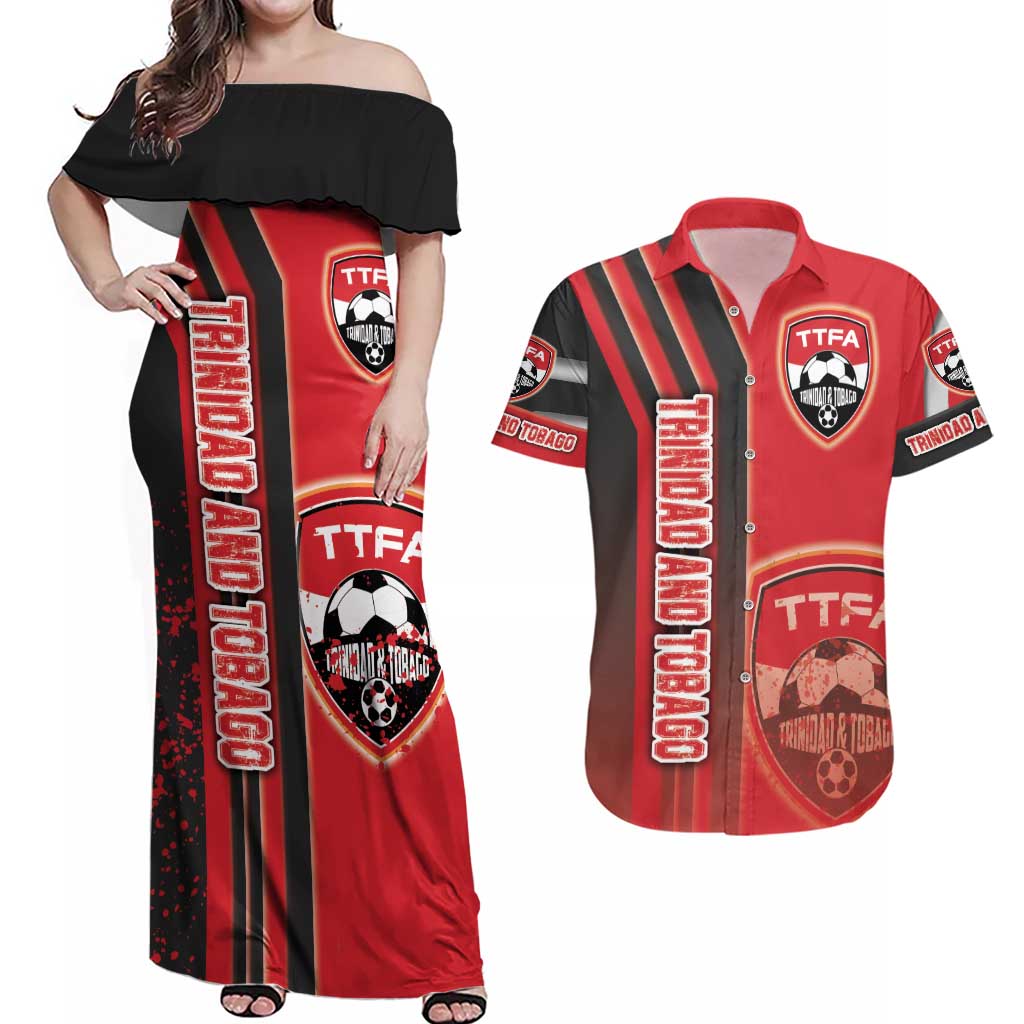 Trinidad and Tobago Football Couples Matching Off Shoulder Maxi Dress and Hawaiian Shirt Soca Warriors Soccer - Road To Champion