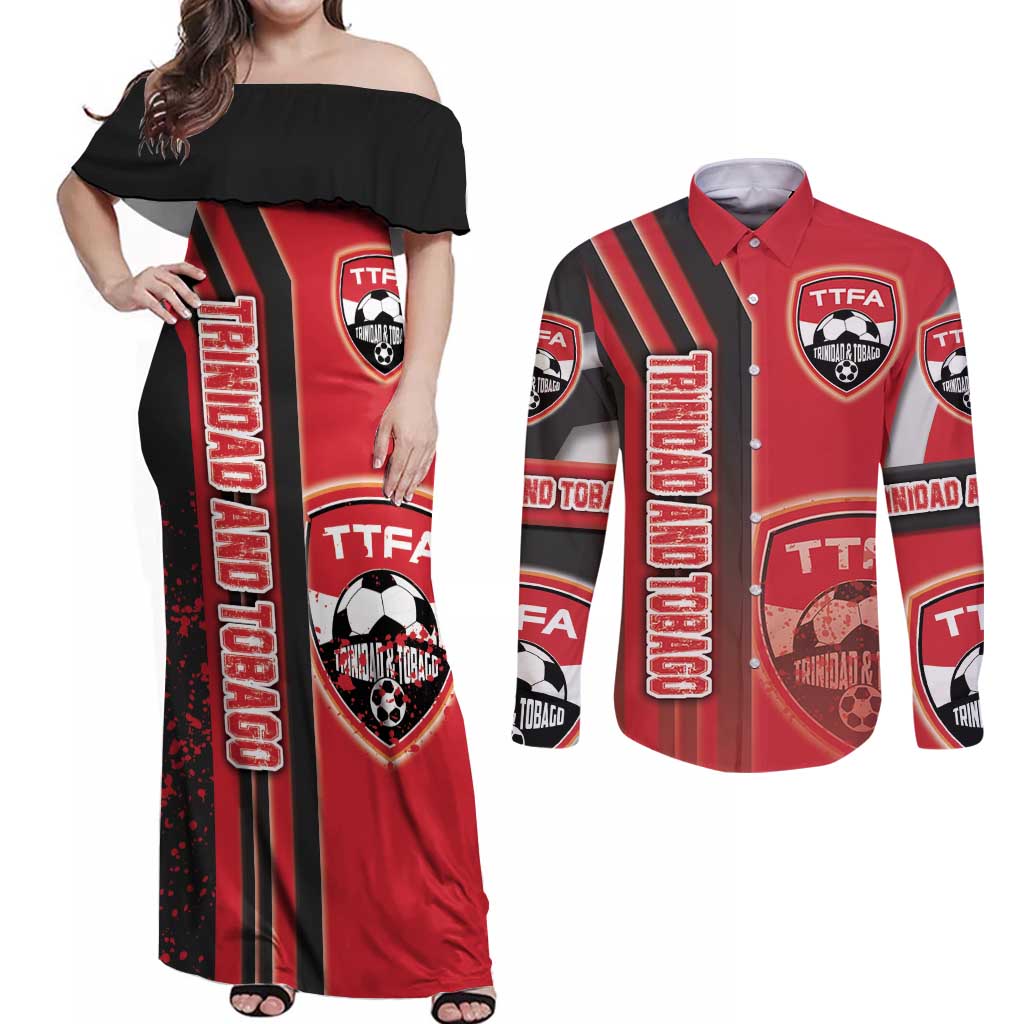 Trinidad and Tobago Football Couples Matching Off Shoulder Maxi Dress and Long Sleeve Button Shirt Soca Warriors Soccer - Road To Champion