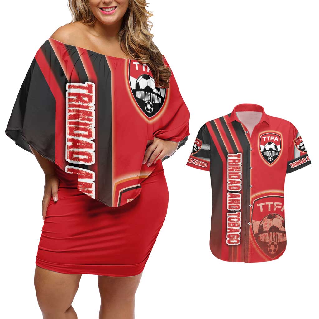 Trinidad and Tobago Football Couples Matching Off Shoulder Short Dress and Hawaiian Shirt Soca Warriors Soccer - Road To Champion