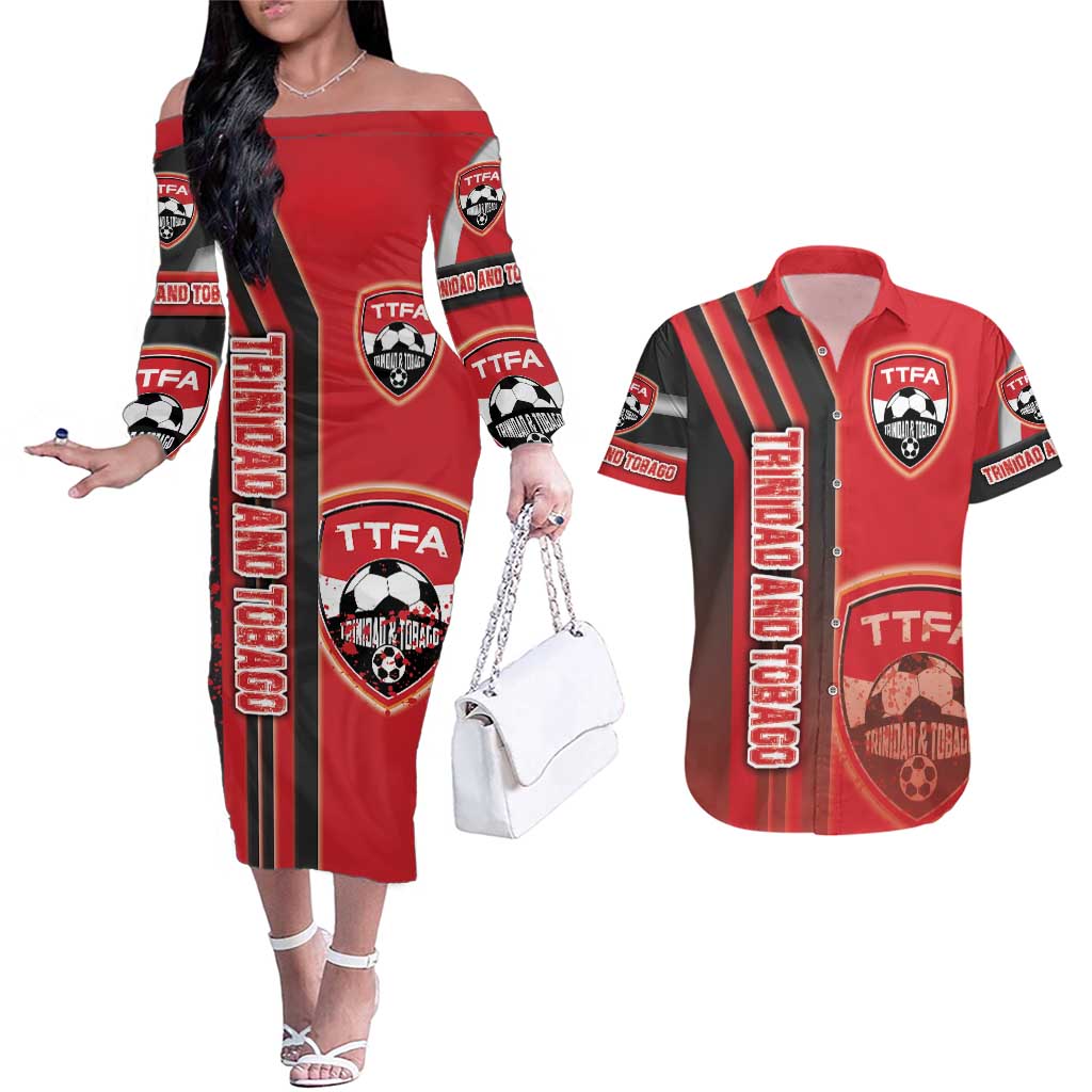 Trinidad and Tobago Football Couples Matching Off The Shoulder Long Sleeve Dress and Hawaiian Shirt Soca Warriors Soccer - Road To Champion