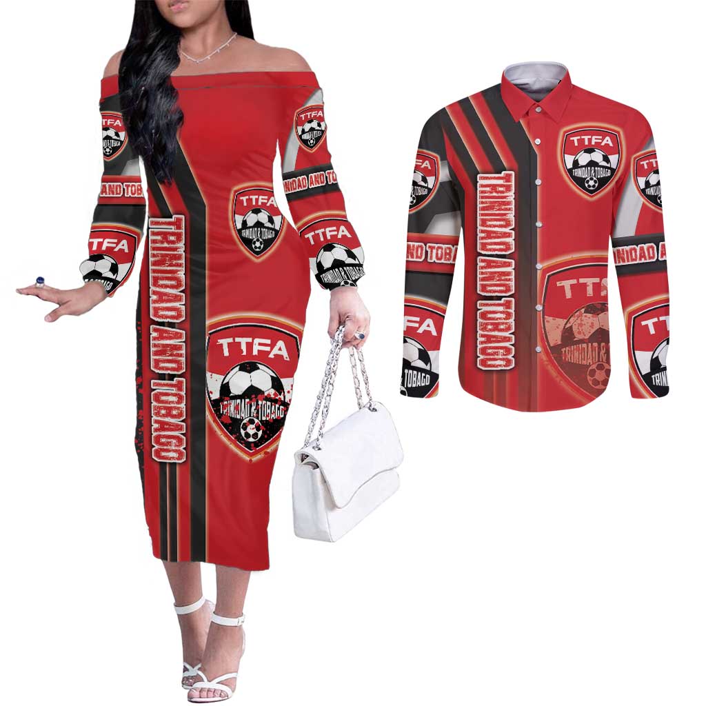 Trinidad and Tobago Football Couples Matching Off The Shoulder Long Sleeve Dress and Long Sleeve Button Shirt Soca Warriors Soccer - Road To Champion