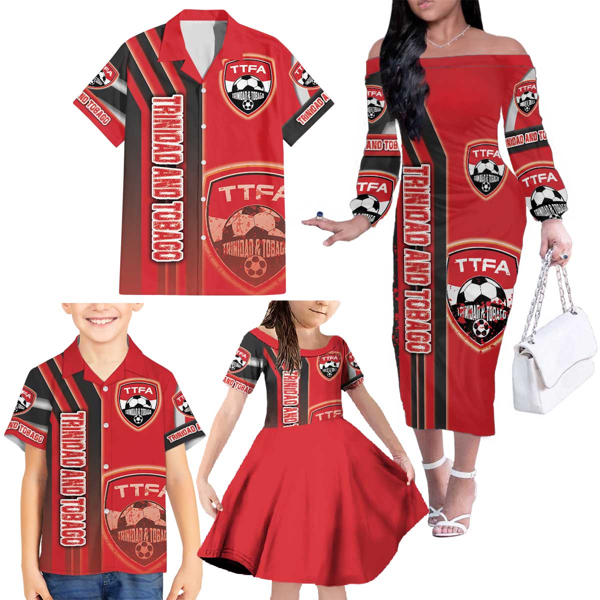 Trinidad and Tobago Football Family Matching Off The Shoulder Long Sleeve Dress and Hawaiian Shirt Soca Warriors Soccer - Road To Champion