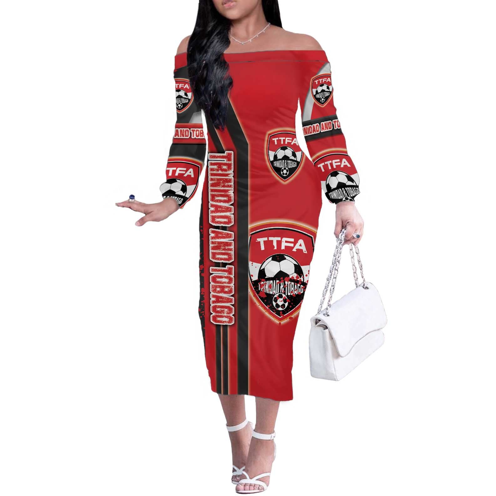 Trinidad and Tobago Football Off The Shoulder Long Sleeve Dress Soca Warriors Soccer - Road To Champion