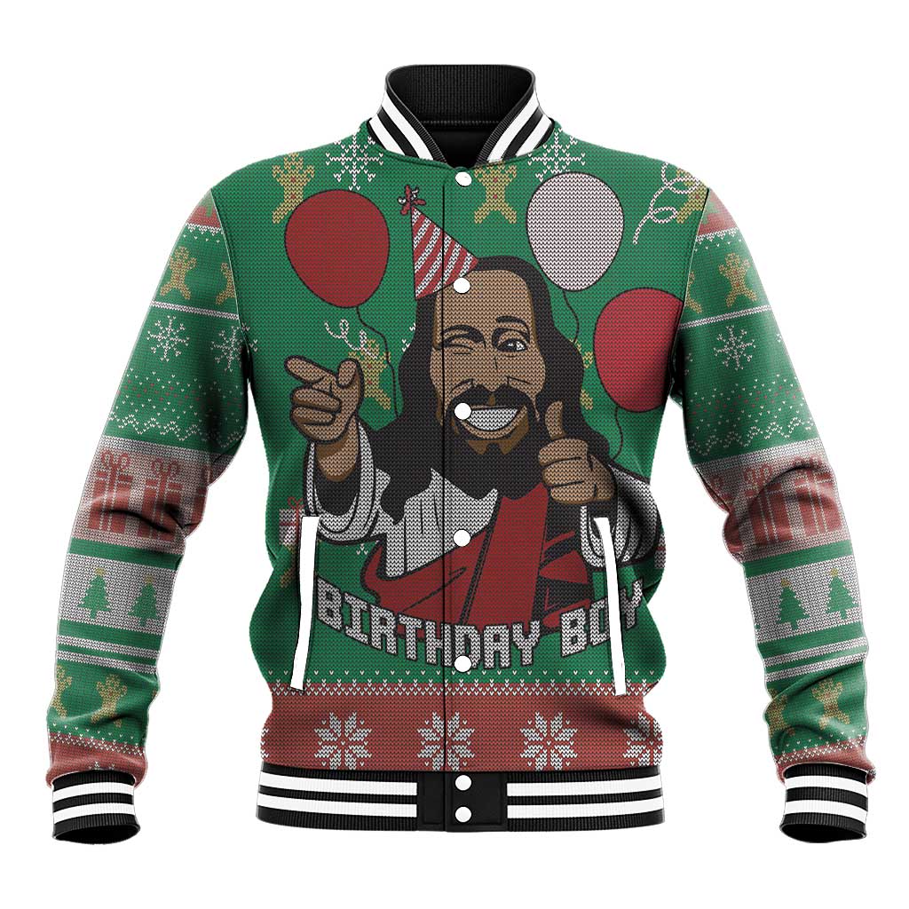 Green Christmas baseball jacket with cartoon Jesus portrait and festive text