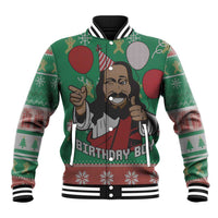Green Christmas baseball jacket with cartoon Jesus portrait and festive text