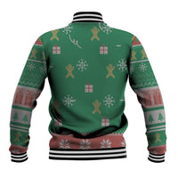 Green Christmas baseball jacket back with holiday icons pattern