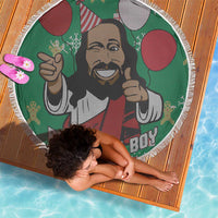 Round green Jesus beach blanket with fringe edge and birthday boy design