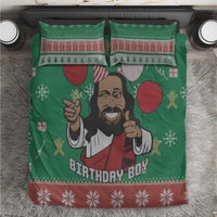 Green Christmas-style bedding set with cartoon Jesus and “Birthday Boy” text.