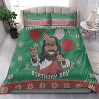 Green bedding set on bed: cartoon Jesus, red ornaments, and “Birthday Boy” lettering.