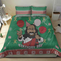 Green bedding set with cartoon Jesus holding red and white props; “Birthday Boy” text.