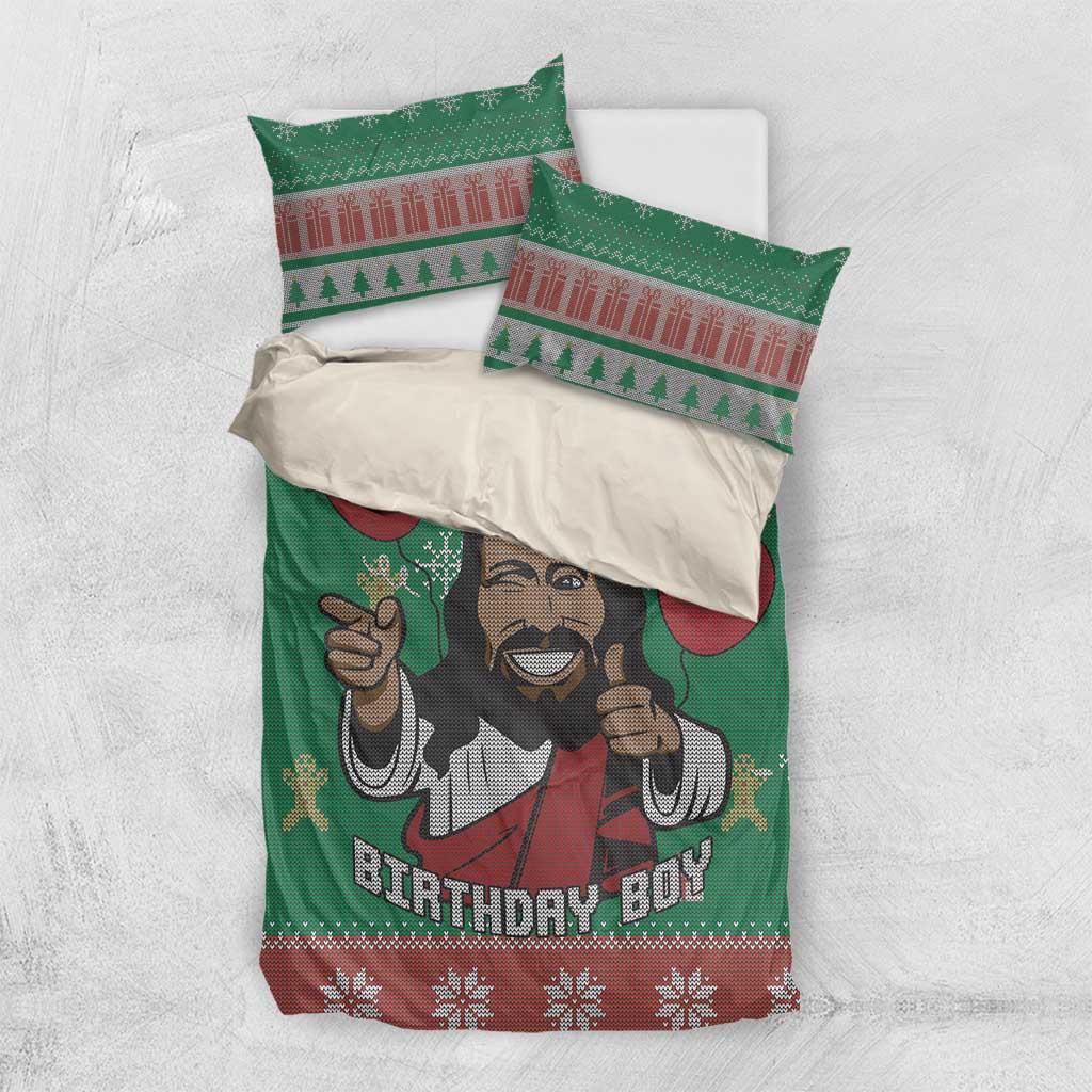Green bedding set with cartoon Jesus; “Birthday Boy” and festive red snowflake border.