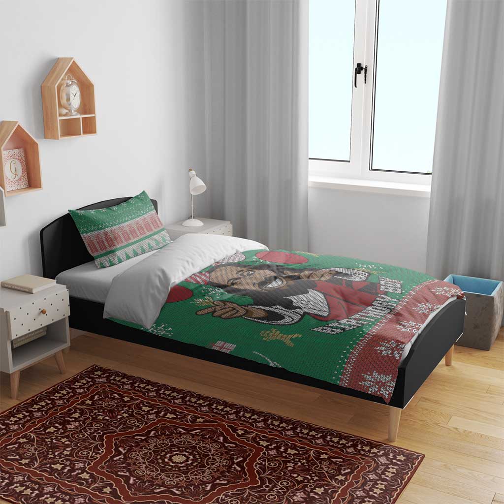 Green duvet cover and pillowcases on bed showing cartoon Jesus and “Birthday Boy” design.