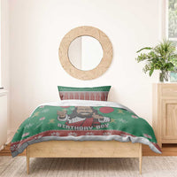 Green bedding set on bed with cartoon Jesus, holiday icons, and “Birthday Boy” text.