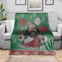 Green Jesus-themed throw blanket with cartoon portrait and red “BIRTHDAY BOY” text