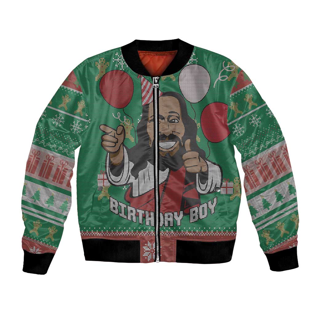 Green bomber jacket with full-zip front and large front religious graphic