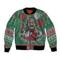 Green bomber jacket with full-zip front and large front religious graphic