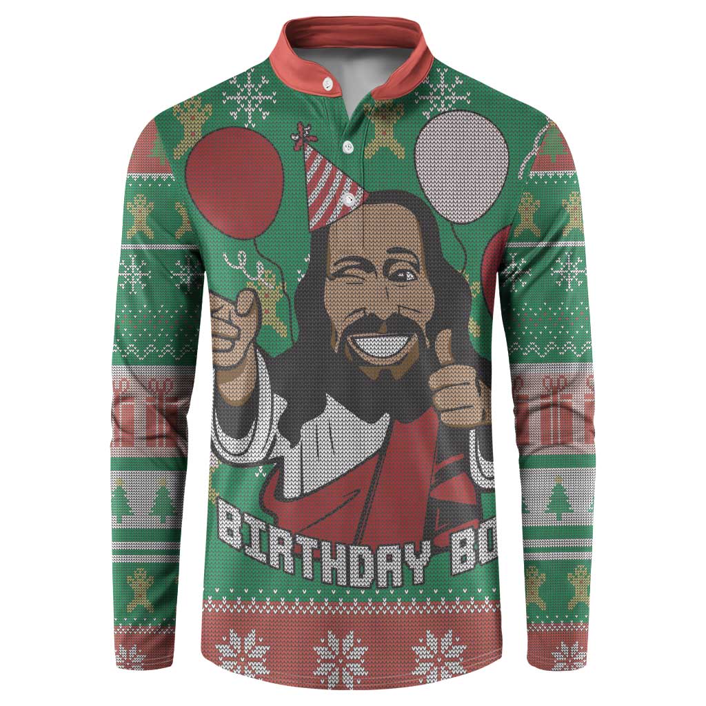 Green long-sleeve button sweatshirt with Jesus portrait graphic and 'Birthday Boy' text