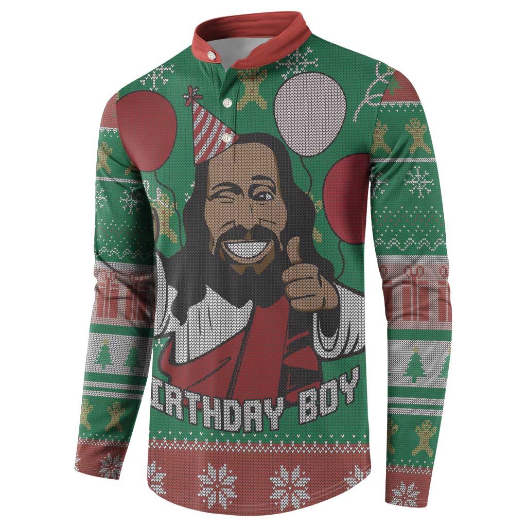 Green long-sleeve button sweatshirt with Jesus portrait graphic and 'Birthday Boy' on front