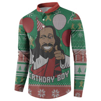 Green long-sleeve button sweatshirt with Jesus portrait graphic and 'Birthday Boy' on front