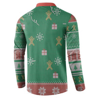 Green long-sleeve button sweatshirt back with holiday icons: trees, gifts, and reindeer