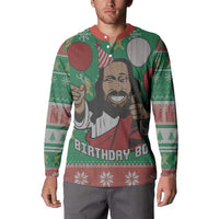Green long-sleeve button sweatshirt with Jesus portrait graphic and festive border