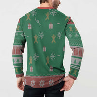 Green long-sleeve button sweatshirt back with holiday gift and reindeer motifs pattern