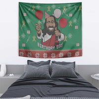 Green “Birthday Boy” Jesus tapestry with red balloons and holiday icons, horizontal wall hanging