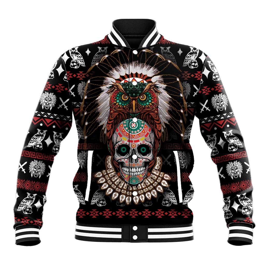 Black varsity baseball jacket with owl-and-skull front graphic and button-up collar.