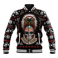 Black varsity baseball jacket with owl-and-skull front graphic and button-up collar.